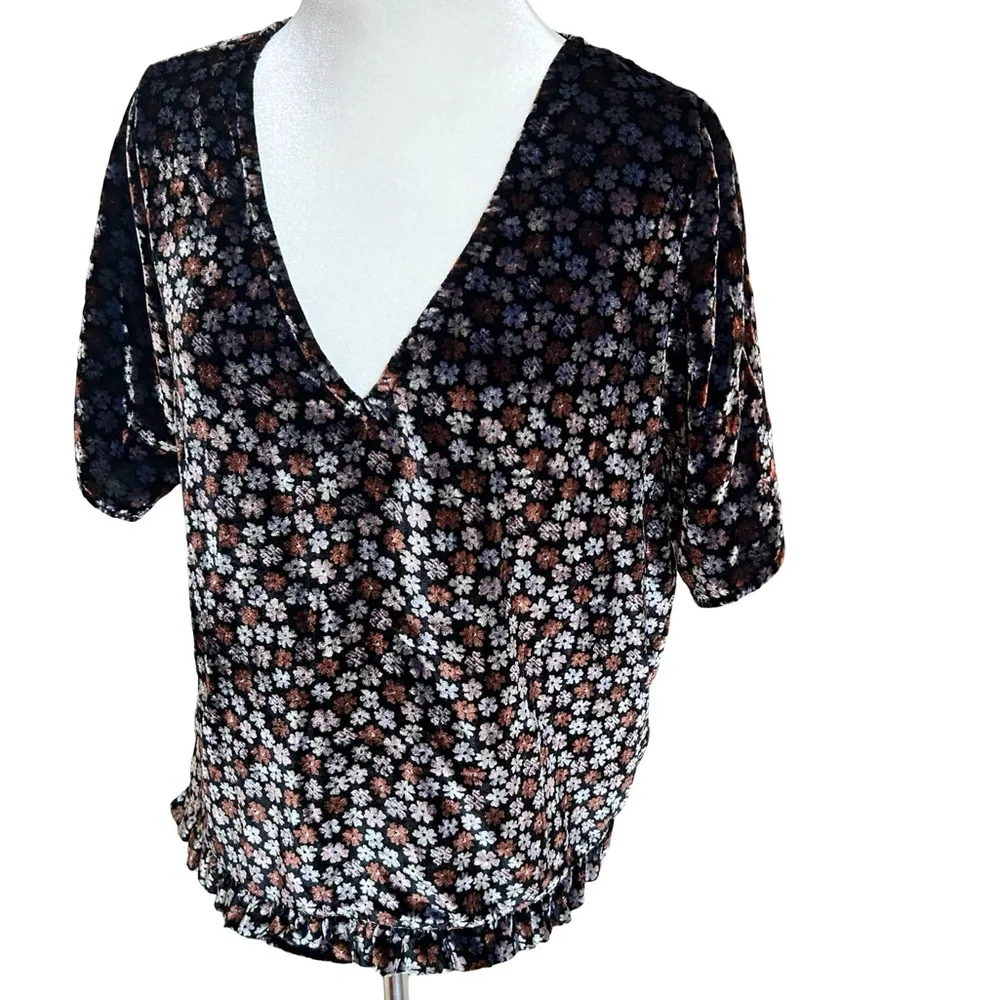Madewell Burnout Velvet Charcoal Petite Blooms Tulip-Sleeve Ruffle Blouse Med - Picture 9 of 14